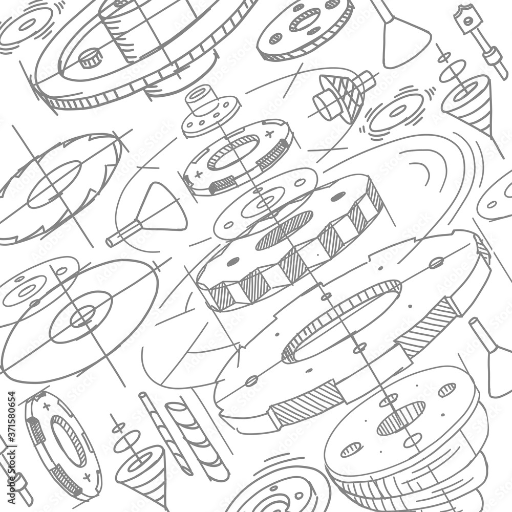 Spare parts pattern. Gears wheels background. Sketch hand drawn. On white background. Design drawing. Vector.