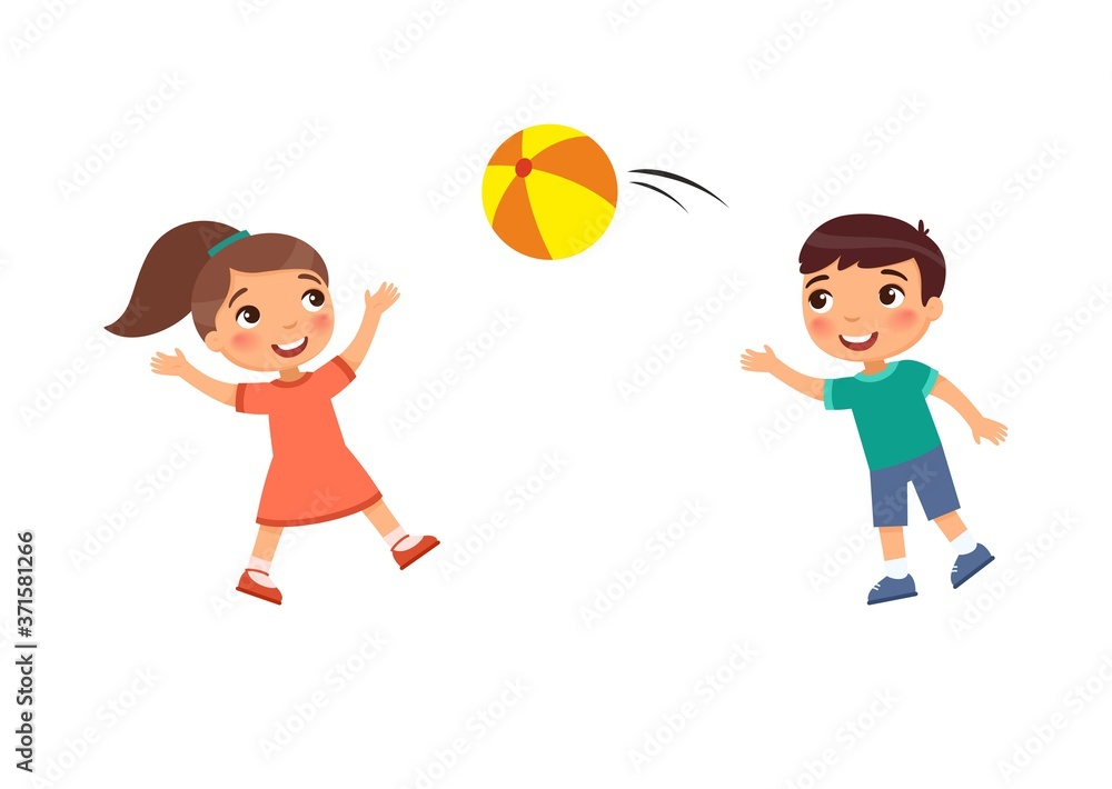 Cute little boy throws ball to little girl.  Kids playing outdoors cartoon character. Children have fun.  Summer recreation activity. Flat vector illustration on white background.