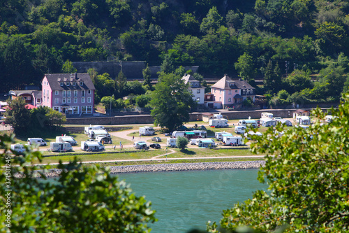 Campsite at the river Rhine with view at Loreley rock  St. Goar  Germany 