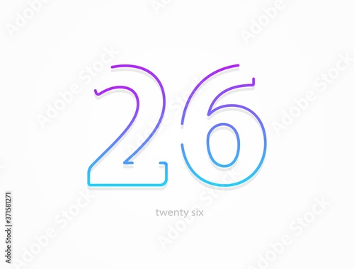 26 number, outline stroke gradient font. Trendy, dynamic creative style design. For logo, brand label, design elements, application and more. Isolated vector illustration