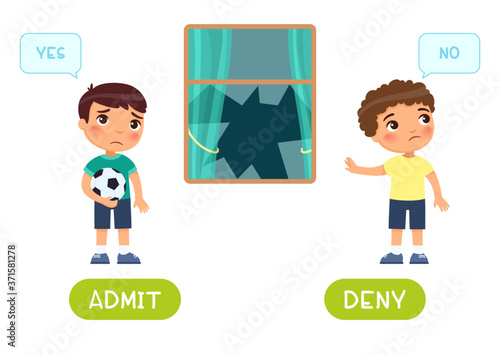 Admit and deny antonyms word card vector template. Flashcard for english language learning. Opposites concept. A sad boy with a ball broke a window, the second child denies guilt.