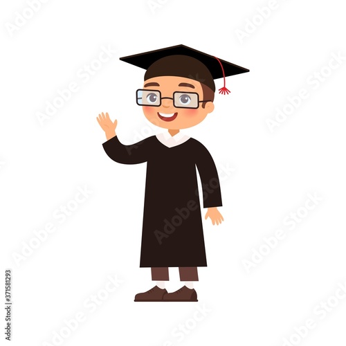 Joyful graduate in a graduation clothing gown and cap waves his hand. Happy young man.  Cartoon character isolated on white background. Flat vector color illustration.