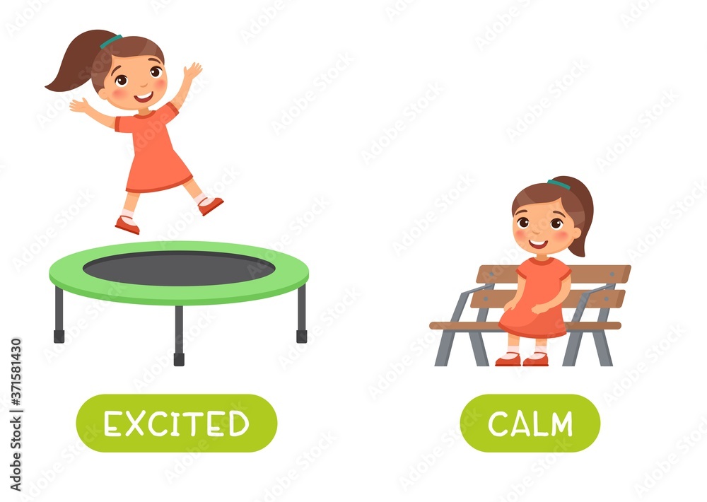 Excited and calm antonyms word card vector template. Opposites concept