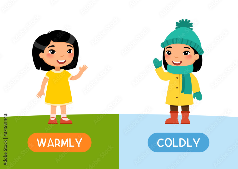 Seasons concept, COLDLY and WARMLY. Childish flash card with antonyms vector template. Educational word card for english language with child