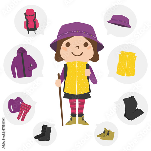登山の服装を準備した女性のイラスト。ウィンドブレーカーなどの防寒ウェアも。