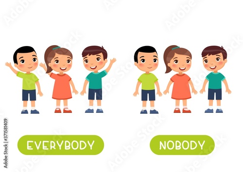 Everybody and nobody antonyms word card vector template. Opposites concept. Flashcard for english language learning. Children hold their hands up in agreement, no one raised their hand.