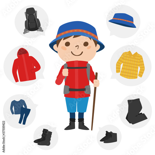 登山の服装を準備した男性のイラスト。ウィンドブレーカーなどの防寒ウェアも。