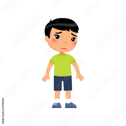 Sadness little asian boy flat vector illustration. Upset child standing alone cartoon character. Lonely kid in bad mood, person unhappy expression isolated on white background