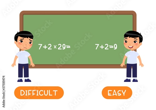 Opposites concept, EASY and DIFFICULT. Word card with little asian schoolboy vector template. Flash card for foreign language with pupil in class.