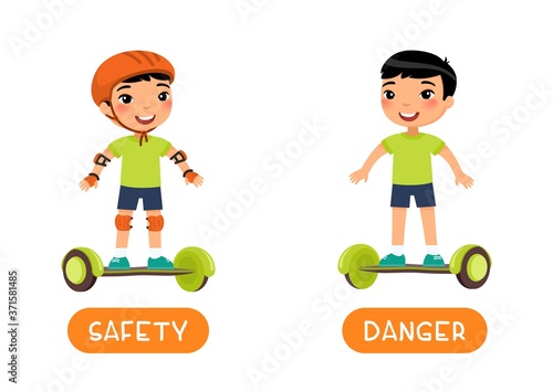 Antonyms concept, SAFETY and DANGER. Flashcard with antonyms for kids vector template. Word card for foreign language studying.