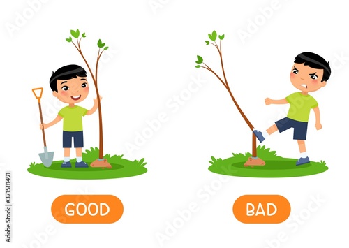 Antonyms concept GOOD and BAD. Kids flash card with opposites vector template. Word card for english learning with little boy.