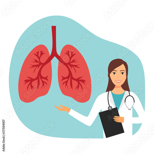 Lung disease treatment with doctor in flat design. Doctor check patient health for lung cancer.