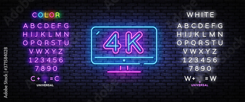 4k Quality Video neon sign vector. Monitor 4k Design template neon sign, light banner, nightly bright advertising, light inscription. Vector illustration. Editing text neon sign