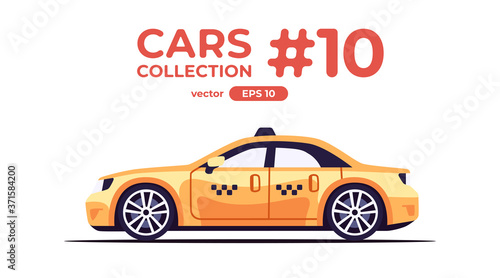 Taxi car isolated on white background. Flat style eps10 illustration. Vehicle set. Side view. Simple modern design. Icons collection. Yellow car.