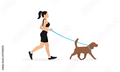 Young woman in sportswear running with dog on leash, isolated on white background. Vector illustration in flat design