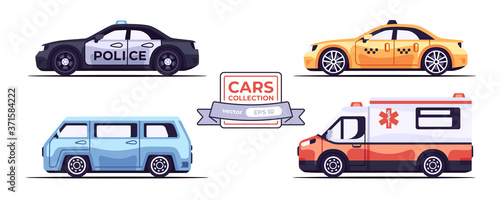Car set isolated. Police, taxy, ambulance, emergency car. Flat style eps10 illustration. Sedan, hatchback, muscle car, supercar, van, wagon vehicle. Side view. Simple modern design. Icons collection.