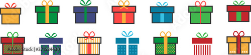 Gift box icon. Present symbol. Christmas box. Surprise with gift box in flat style. Set with gift in colorful style. Vector