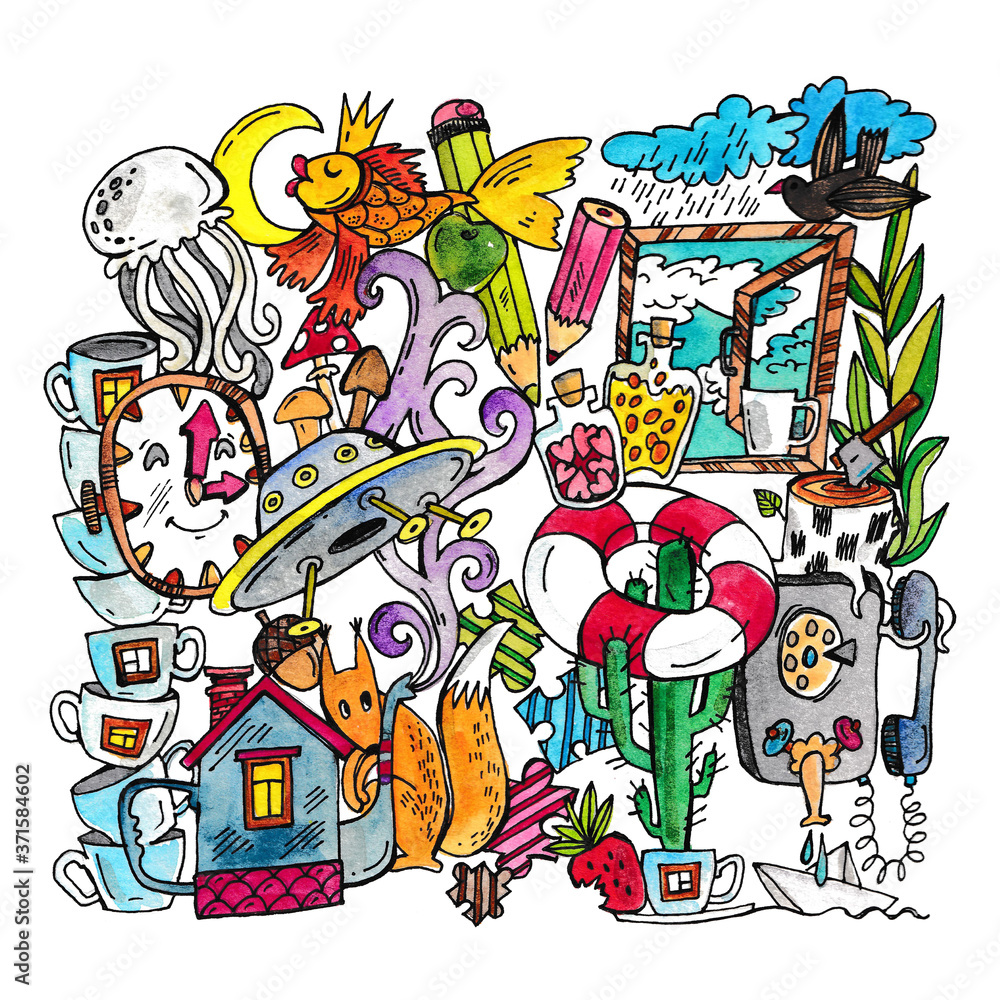 Doodle illustration, a lot of different objects, animals, plants, food