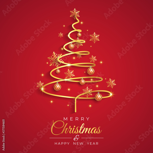 Abstract background with xmas tree. Gold 3D snowflakes, glitter gold confetti and jewelery balls. Christmas and New Year card templates. Winter paper art design. greeting cards