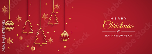 Festive golden christmas tree, snowflake, ball and tree border isolated on red background, Christmas design for postcard or greeting card. Vector illustration, merry xmas snowflake header or banner.