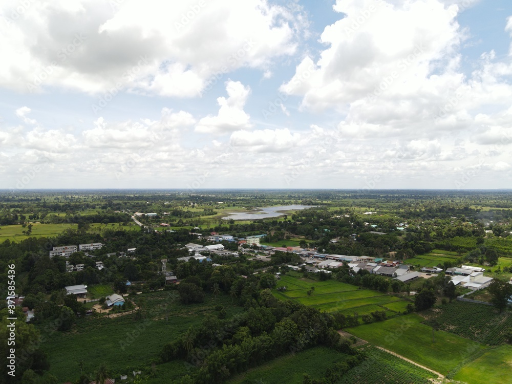 Aerial view of the village photographed with a drone at Phusing Sisaket Thailand.