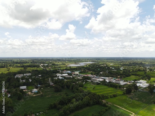 Aerial view of the village photographed with a drone at Phusing Sisaket Thailand.
