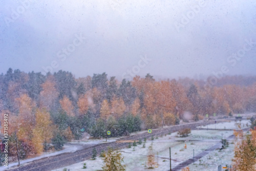 View from the window to the colorful autumn forest and the first snowfall. Blurred natural background.