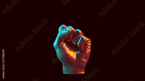 Silver Raised Clenched Fist Anti Fascist Symbol Red Orange and Blue Green Moody 80s lighting 3d illustration 3d render  photo