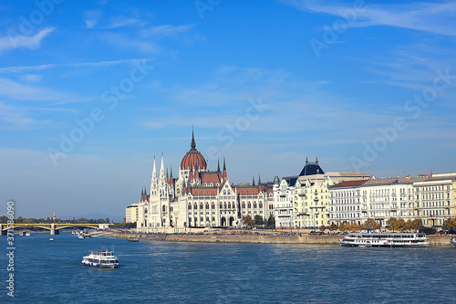 Budapest parliament landscape, tourist view of the capital of hungary in europe, architecture landscape © kichigin19