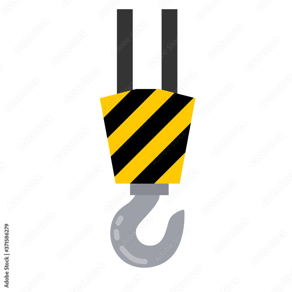 Hook. Industrial crane. The lifting of the load. Item of the plant and of the factory. Transportation and tool isolated on white background. Flat cartoon Hook. Industrial crane. The lifting of the load. Item of the plant and of the factory. Transportation and tool isolated on white background. Flat cartoon