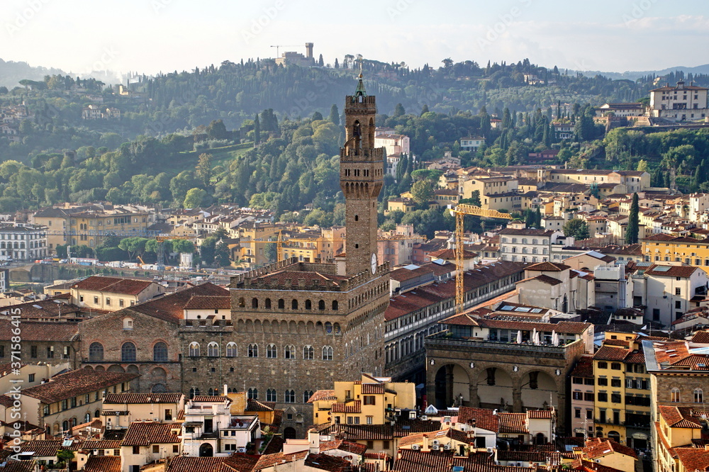 Amazing view of Florence city from Campanile di Giotto bell tower in Florence Italy