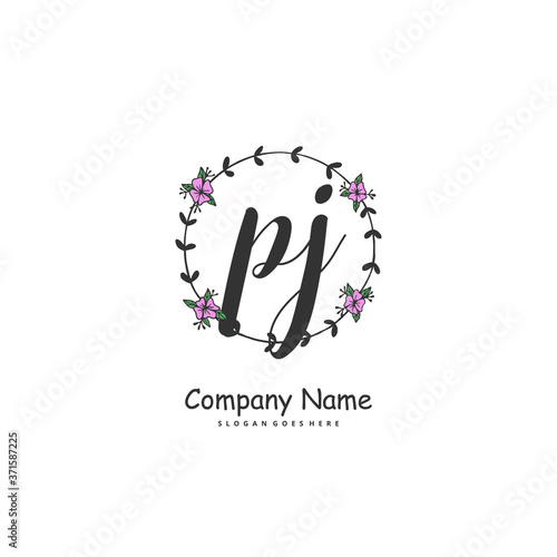 P J PJ Initial handwriting and signature logo design with circle. Beautiful design handwritten logo for fashion  team  wedding  luxury logo.