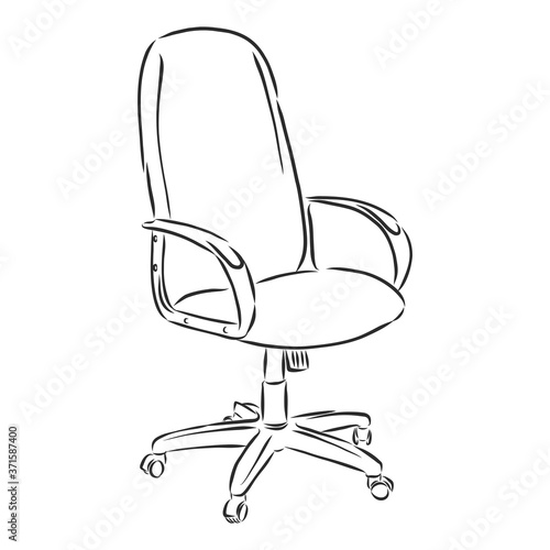 Office revolving chair with backrest and armrests, hand drawn.
