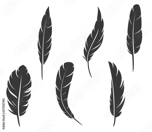 Set of hand drawn feathers different shapes in minimalistic monochrome cartoon style. Design elements isolated on white background. Vector illustration.