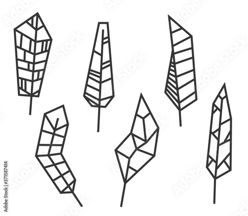 Set of hand drawn feathers different shapes in minimalistic geometric polygonal style. Design elements isolated on white background. Vector illustration.
