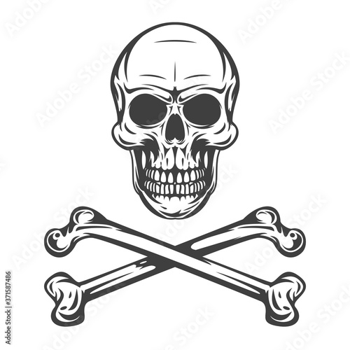 Vintage monochrome human skull with crossbones isolated on white background. Hand drawn design element template for emblem, print, cover, poster. Vector illustration.