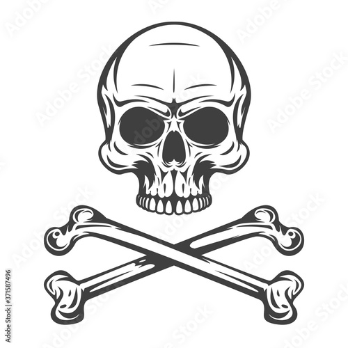 Vintage monochrome human skull with crossbones isolated on white background. Hand drawn design element template for emblem, print, cover, poster. Vector illustration.