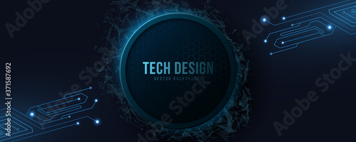 Futuristic hi-tech banner with computer circuit. Design modern technology. Glowing blue neon honeycombs. Flying geometrical plexus particles. Vector illustration.