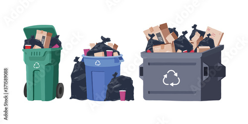 House trash bin. Cardboard box. Heap of rubbish. Garbage bag. Container. Vector illustration.