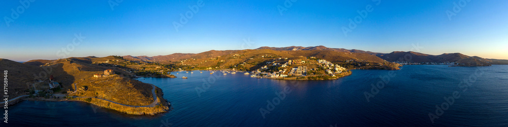 Aerial drone panorama of Kea Tzia greek island, Cyclades, Greece.