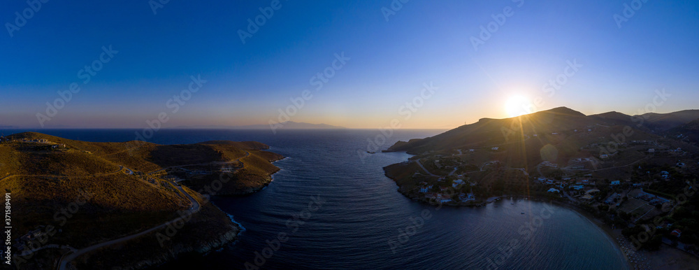 Kea Tzia island, Cyclades, Greece. Panorama of Otzias bay at sunrise