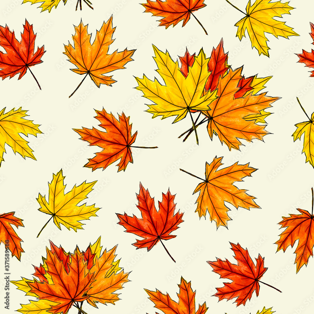 Maple leaves seamless pattern on white background. Autumn foliage of deciduous tree lying on surface. Fall season orange red yellow leafage randomly placed Maple leaves seamless pattern on white background. Autumn foliage of deciduous tree lying on surface. Fall season orange red yellow leafage randomly placed