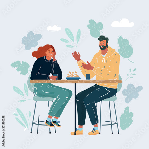 Vector illustration of Couple sitting in the cafe, flirting and talking about something.