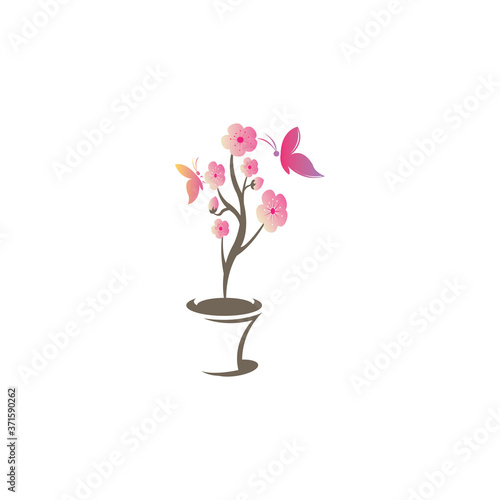 Beautiful cherry blossoms in pots, colorful design vector illustration icon