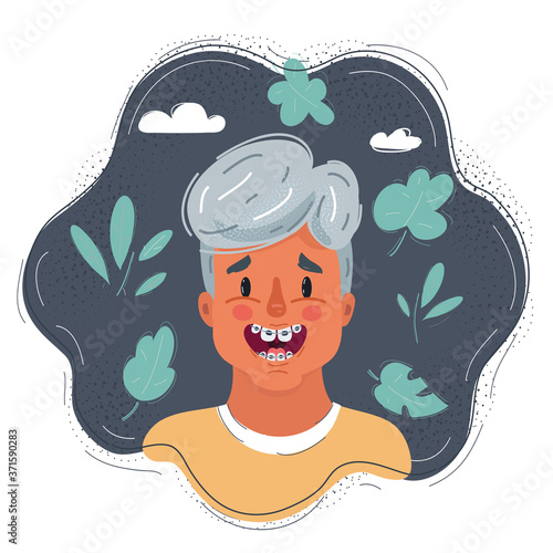 Vector illustration of Little boy with brace on his tooth on dark background.