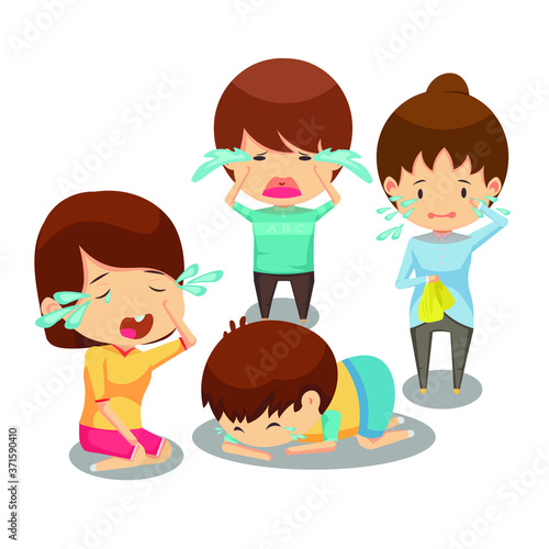 Crying Cartoon Emoticons With Tears Expression. for explanation sad model child-woman and man. Vector Illustration With white Background
