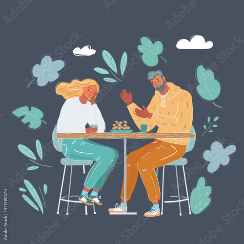 Cartoon illustration of divided couple. Divorcing people. Couple going to break up on. Sad man and woman in caffe, sitting at the table on dark background.