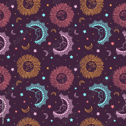 Bohemian seamless pattern with sun, moon and stars. Vintage style. Gypsy and hipster vector illustration.