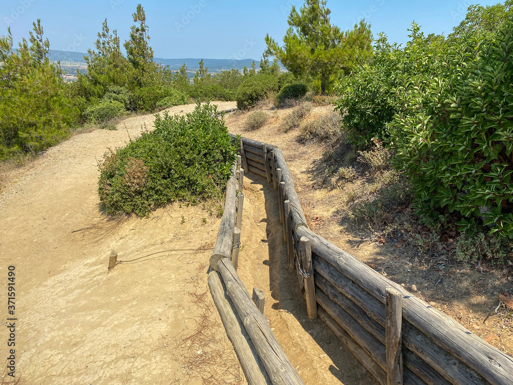 Canakkale, Turkey - 01/08/2020: 
trenches during the Turkish military battle of Çanakkale, Battle of Chunuk Bair - military trench, first world war