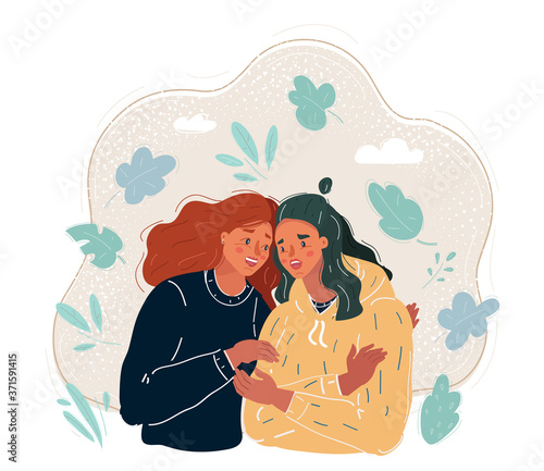 Vector illustration of two friends. Women hugging each other. Friendship concept.